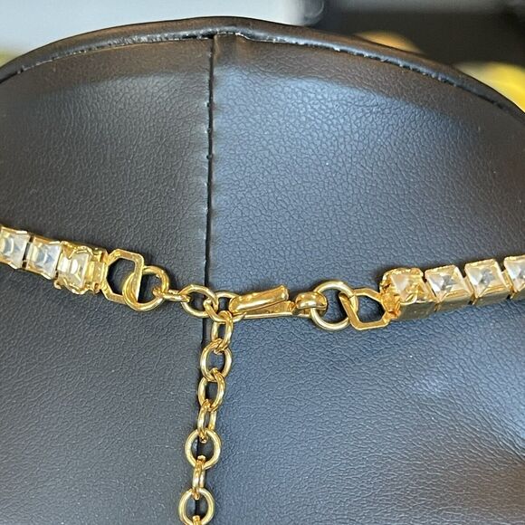 Vintage 1980s Gold Tone Black Enamel CZ Statement Necklace 15-18” Retro Jewelry - Picture 5 of 10